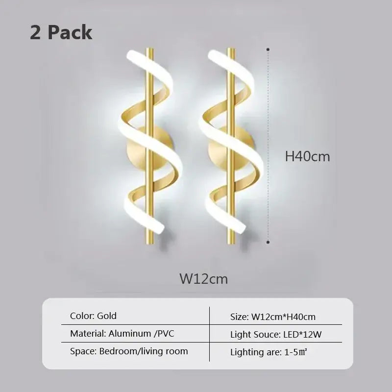 Modern black spiral led wall lamp with gold spiral led wall sconces in sleek aluminum and pvc design 12cm by 40cm