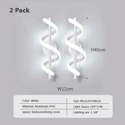 White spiral led wall lamp made of aluminum and pvc measuring 12cm by 40cm for modern bedroom use