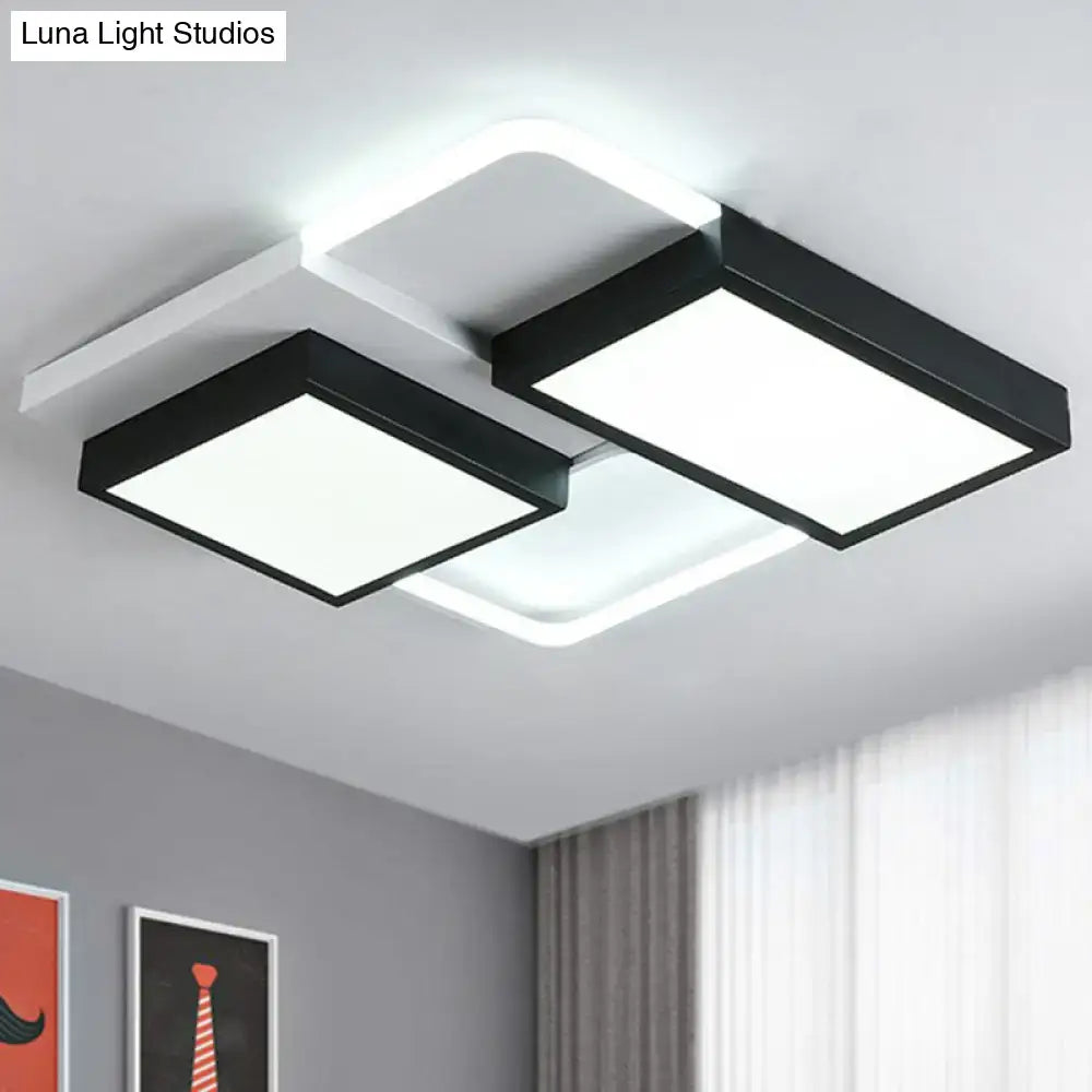 DecorBites modern black splicing rectangle LED flush ceiling light fixture with acrylic design and sleek white central panel