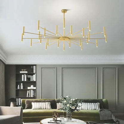 Modern black sputnik chandelier with gold-toned radial rods and cylindrical metal light fixtures for living room decorbites black sputnik
