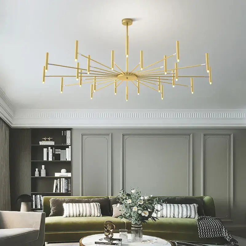 Modern black sputnik chandelier with gold-toned radial rods and cylindrical metal light fixtures for living room decorbites black sputnik