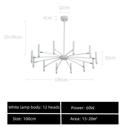 Modern black sputnik chandelier with twelve white cylindrical light heads in radial pattern metal living room fixture decorbites black