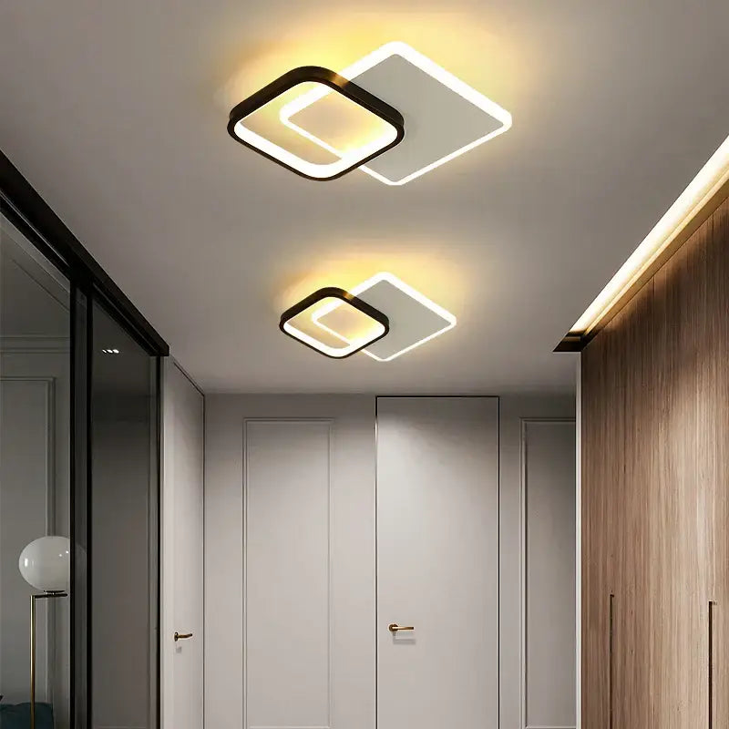 Modern black square led ceiling lamp with glowing white led edges and warm yellow illumination for bedroom lighting
