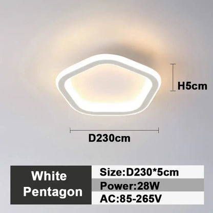 White pentagon-shaped led ceiling lamp with smooth edges and modern minimalist design for bedroom lighting decorbites led ceiling