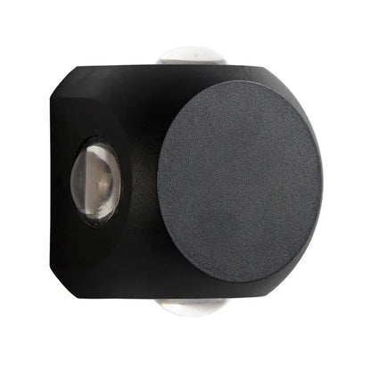 Modern black matte-finished square led wall light with circular textured face and clear oval lens for outdoor decor