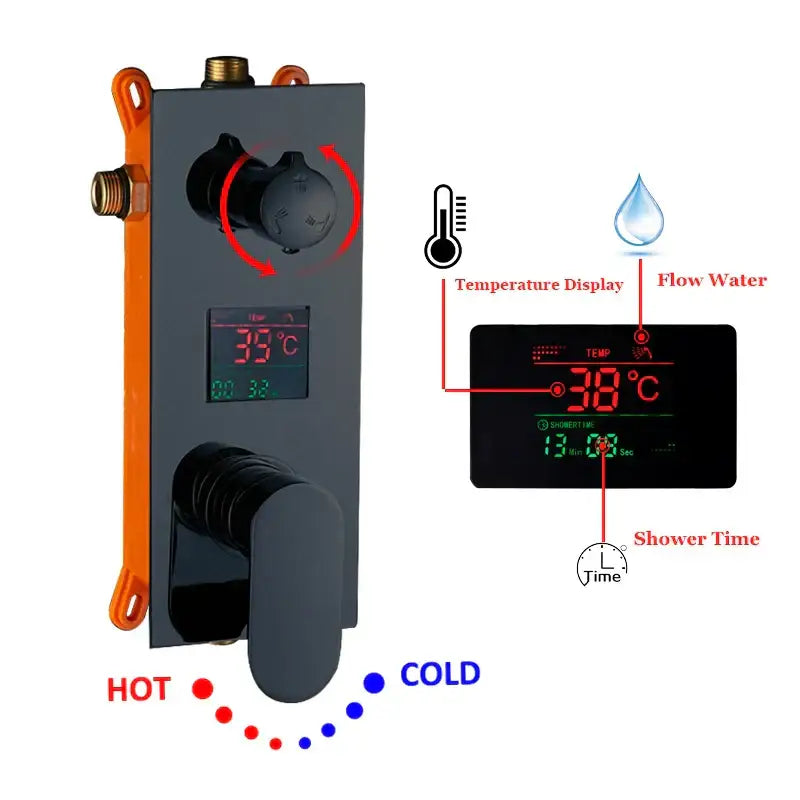 Modern black square shower faucet set with digital mixer, orange brackets, and red led display showing temperature flow and time