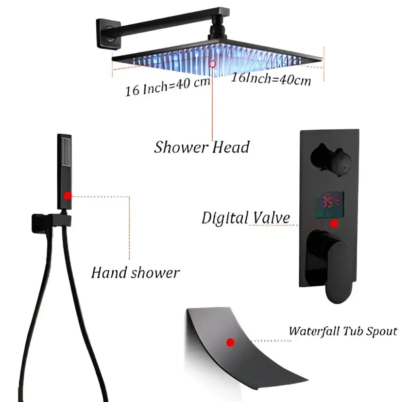 Modern black matte shower faucet set with 16-inch square rain shower head, handheld shower, digital valve, and waterfall spout