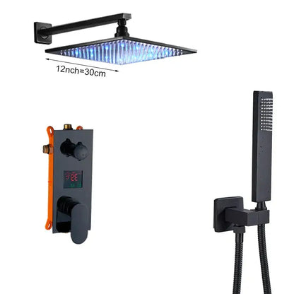 Modern black square shower faucet set with 12-inch rainfall head and blue led lighting for bathroom use