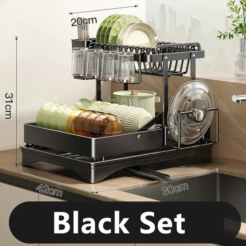 Modern black stainless steel two tier dish drainer rack with wire mesh design holding plates glasses bowls and lids