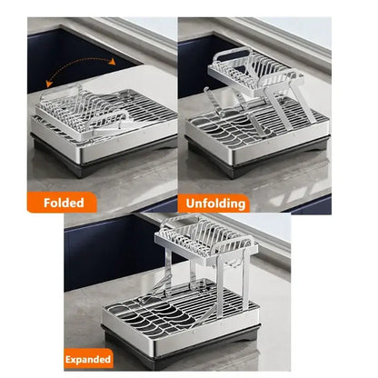 Modern black stainless steel 2 tier foldable dish drainer rack with silver finish and black rubber base for kitchen storage