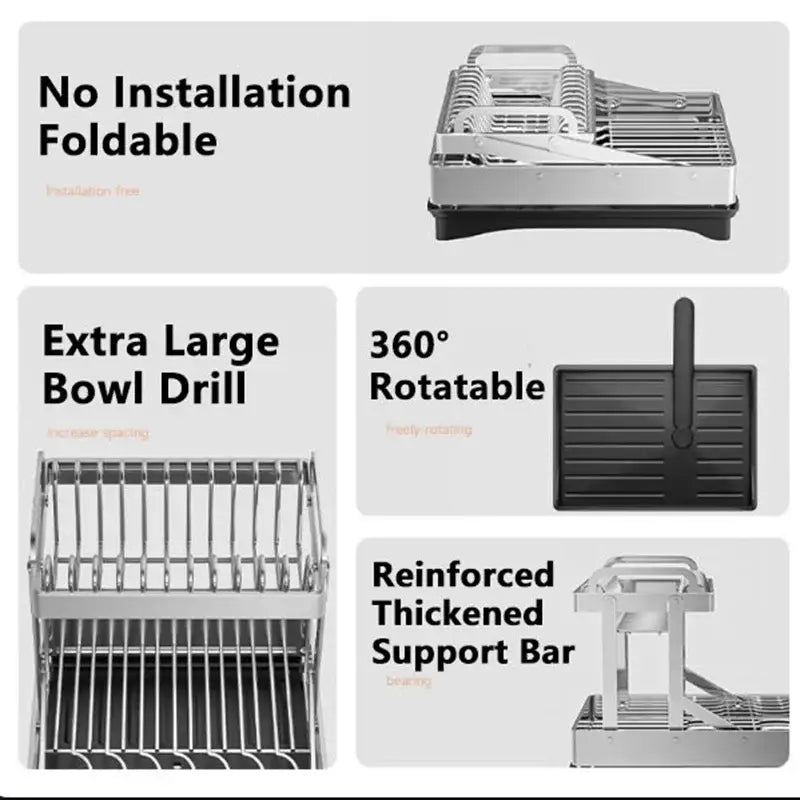 Modern black stainless steel 2 tier dish drainer rack with foldable design and 360 degree rotating tray for kitchen storage