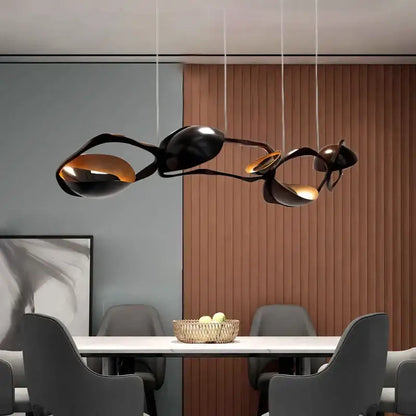 Modern black stainless steel chandelier featuring black and gold abstract sculptural pendant light for living room decor