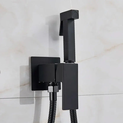 Modern black matte brass bidet faucet with square base and flexible hose for bathroom use by decorbites brass bidet