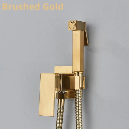 Modern black and stainless steel brass bidet faucet with brushed gold handheld showerhead and flexible braided hose decorbites brass bidet