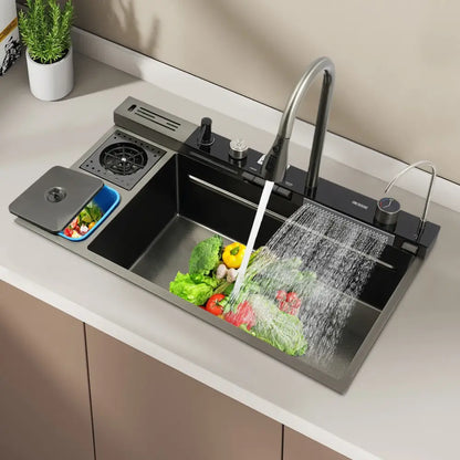 Modern black stainless steel kitchen sink with integrated faucet digital display and water dispensing mode control knobs