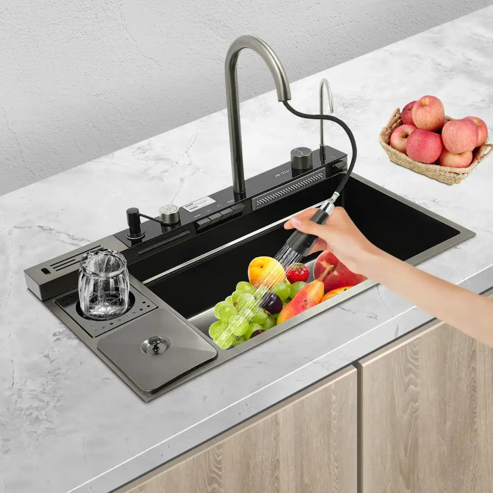 Modern black stainless steel kitchen sink with integrated digital display faucet and water dispensing mode filtration system
