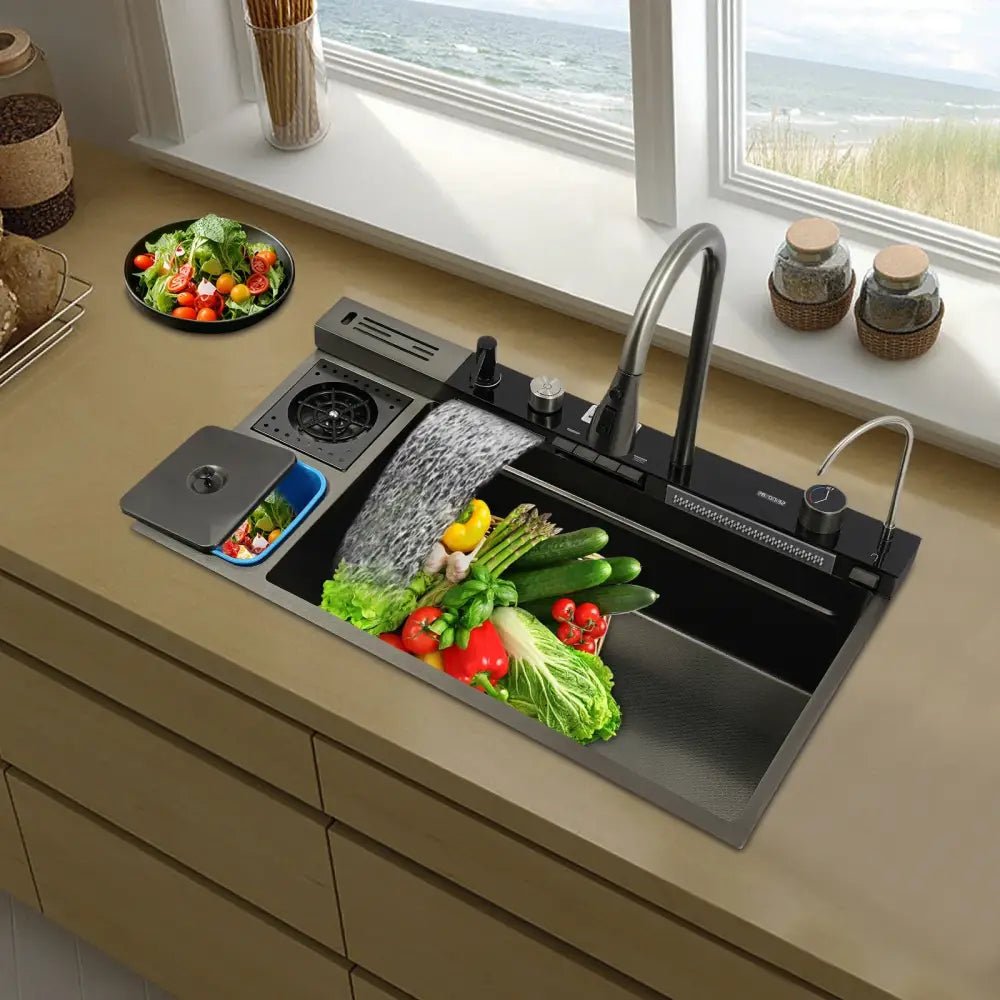 Modern black stainless steel digital display sink kitchen set - Decorbites
