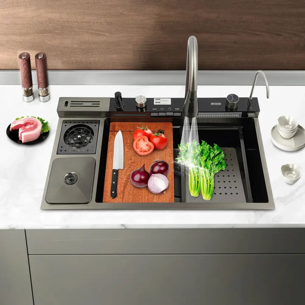 Modern black stainless steel digital display sink kitchen set - Decorbites