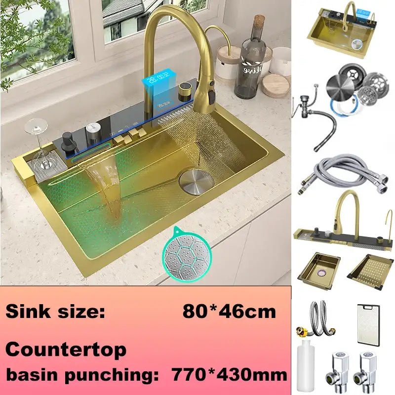 Modern black stainless steel double basin kitchen sink digital faucet - Decorbites