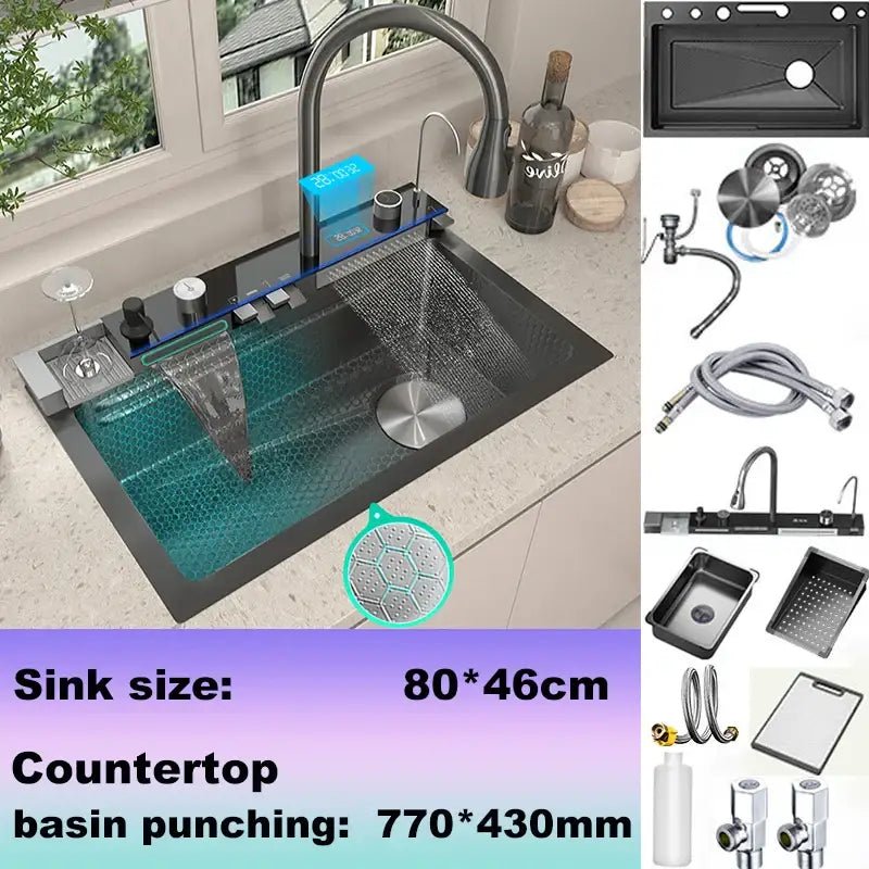 Modern black stainless steel double basin kitchen sink digital faucet - Decorbites