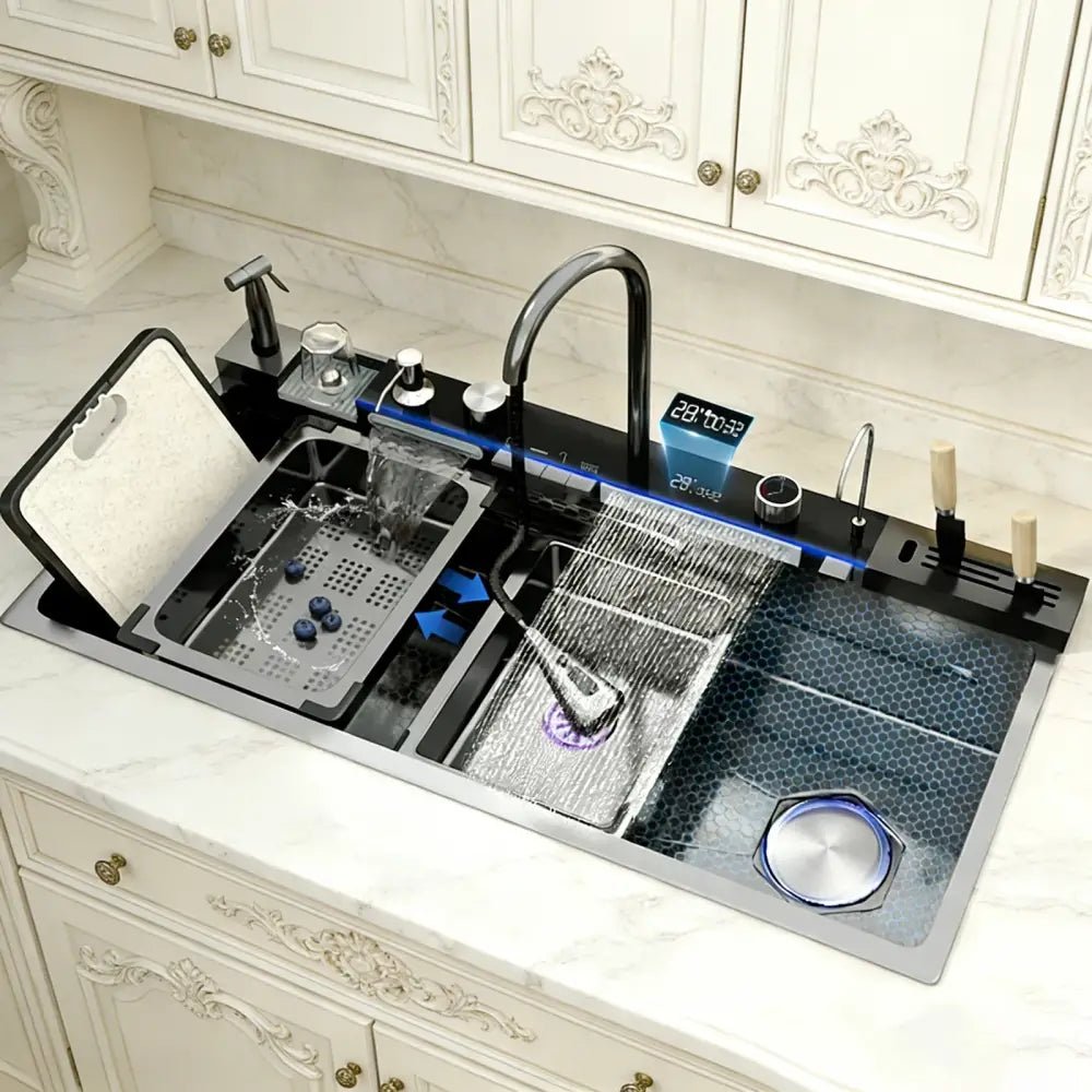 Modern black stainless steel double basin kitchen sink digital faucet - Decorbites