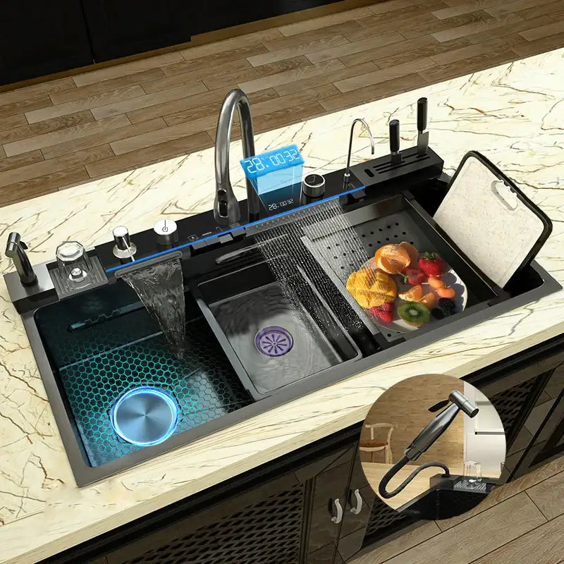 Modern black stainless steel double basin kitchen sink with digital faucet waterfall spout and hexagonal patterned drain