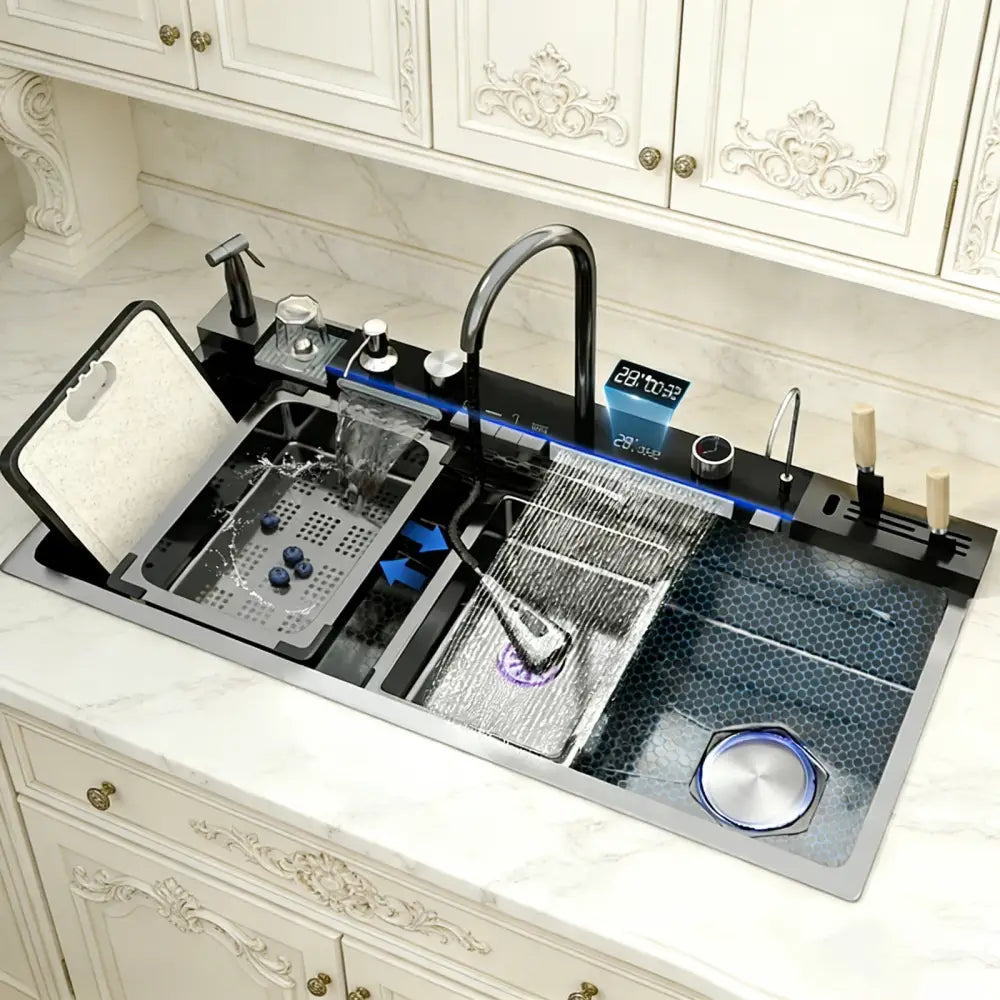 Modern black stainless steel double basin kitchen sink with digital faucet spray nozzle and multiple compartments