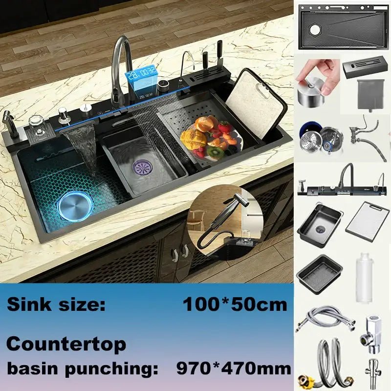 Modern black stainless steel double basin kitchen sink digital faucet - Decorbites