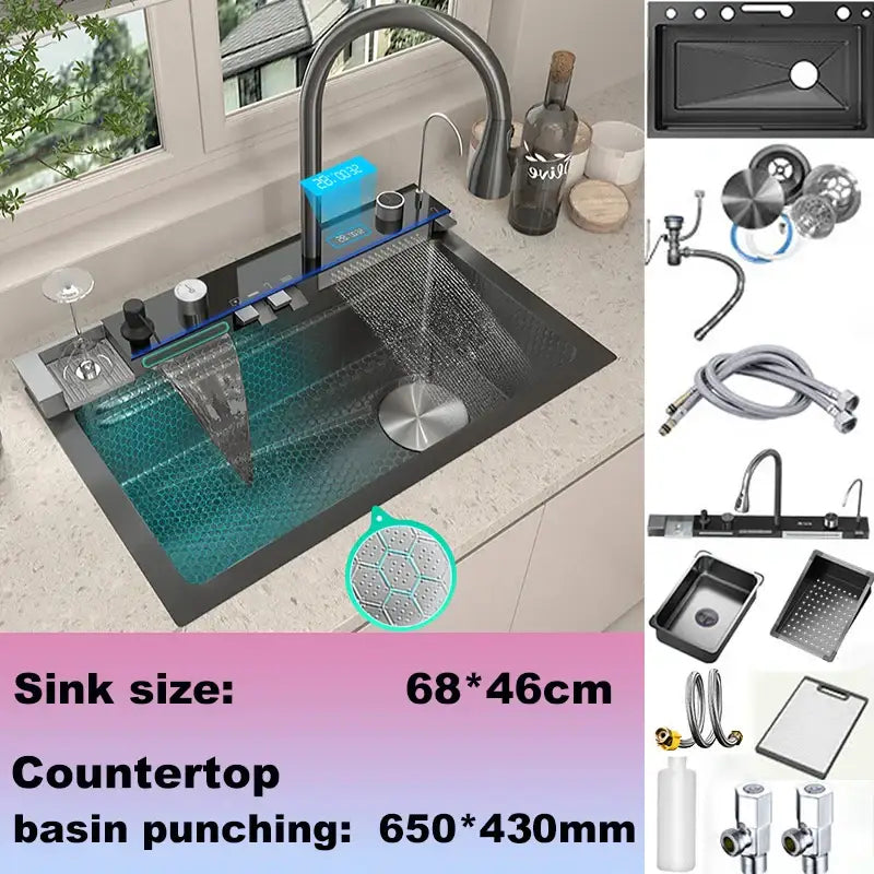 Modern black stainless steel double basin kitchen sink with a waterfall faucet and integrated digital display