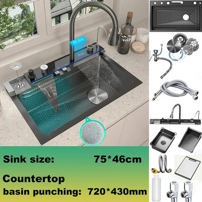 Modern black stainless steel double basin kitchen sink with waterfall faucet and digital display panel