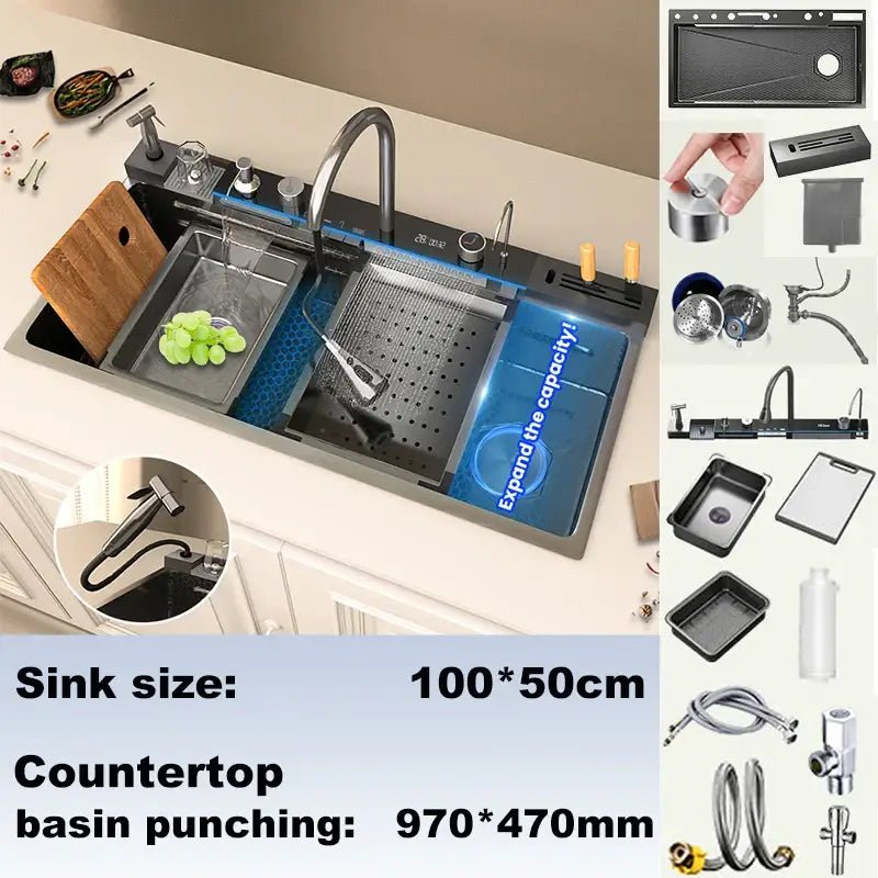 Modern black stainless steel double basin kitchen sink digital faucet - Decorbites