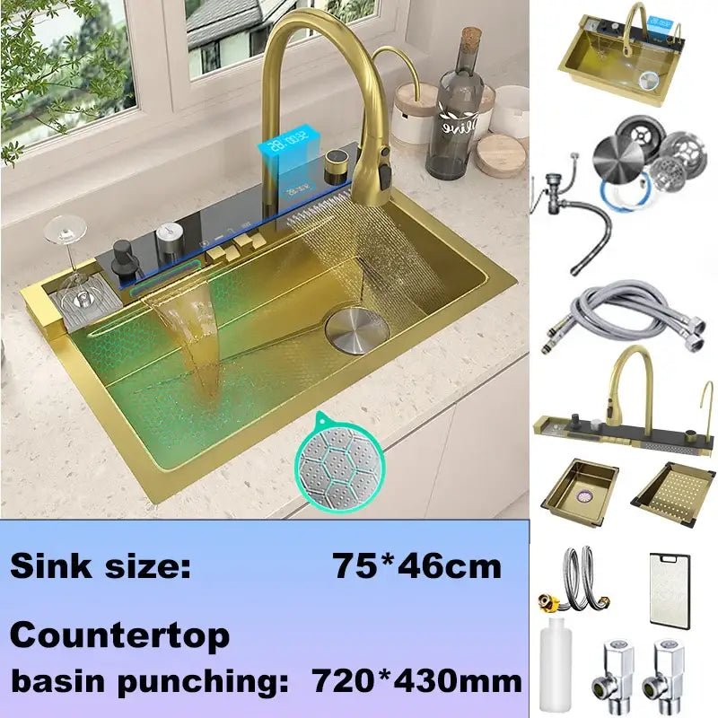 Modern black stainless steel double basin kitchen sink digital faucet - Decorbites