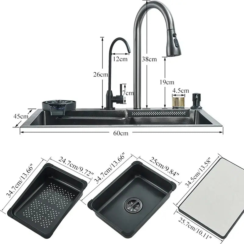 Modern black stainless steel double basin kitchen sink features a black matte finish with tall curved faucet and detachable spray head