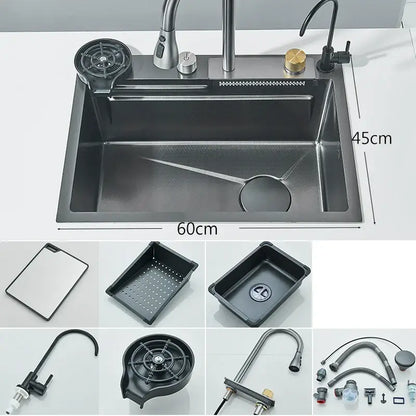 Modern black stainless steel double basin undermount kitchen sink with integrated faucet and drain assembly