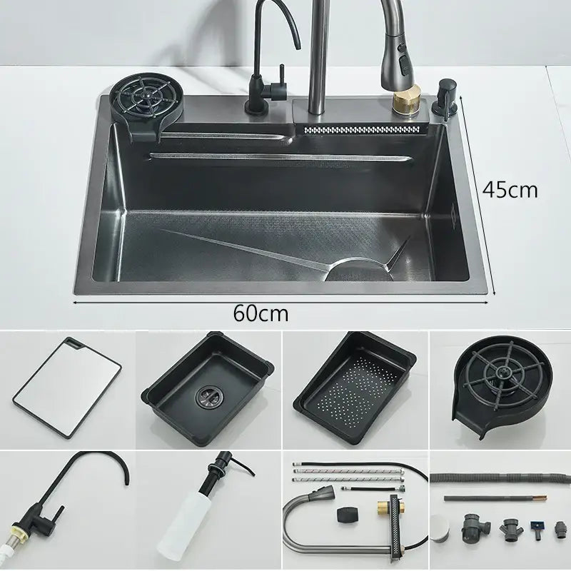 Modern black stainless steel double basin kitchen sink with integrated faucet and drain assembly, 60cm by 45cm