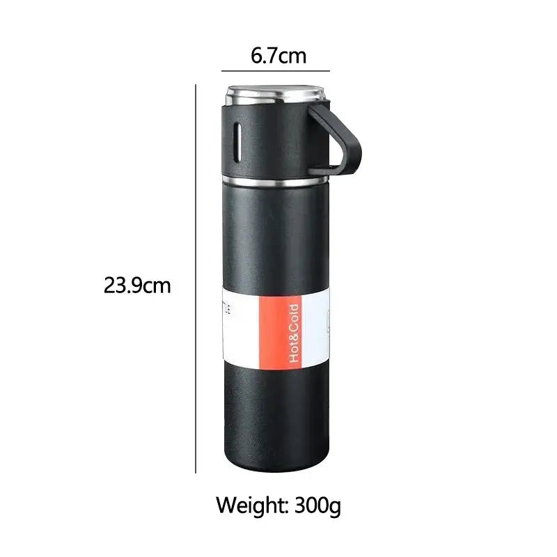 Modern black stainless steel insulated water bottle with silver lid and handle featuring hot and cold label
