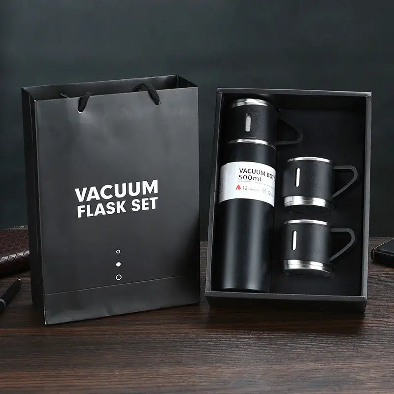 Modern black stainless steel insulated water bottle gift set with vacuum insulated water flask and matching mugs