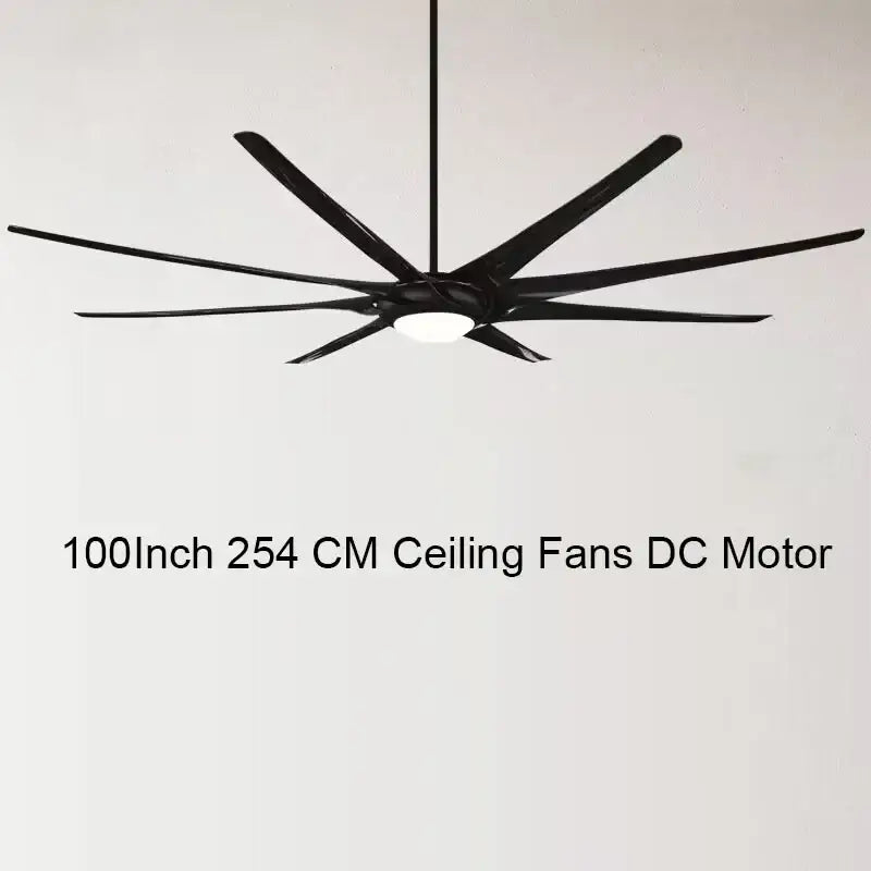 Modern black stainless steel large ceiling fan with sleek blades and central light fixture for living room use
