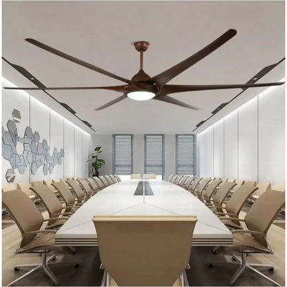 Modern black stainless steel large ceiling fan with bronze finish, sleek elongated blades, and integrated lighting for living room
