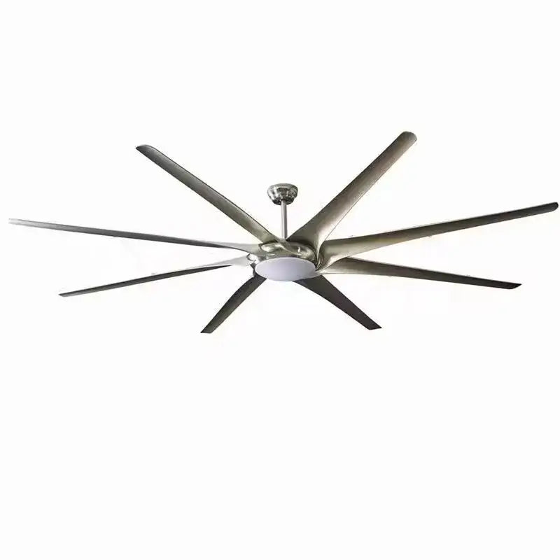 Modern black stainless steel large ceiling fan with eight sleek metallic blades and central light for living room use