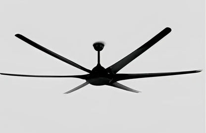 Modern black stainless steel large ceiling fan with sleek blades and central hub for living room use
