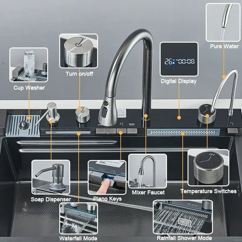 Modern black stainless steel waterfall kitchen sink with a sleek curved stainless steel faucet and digital display panel