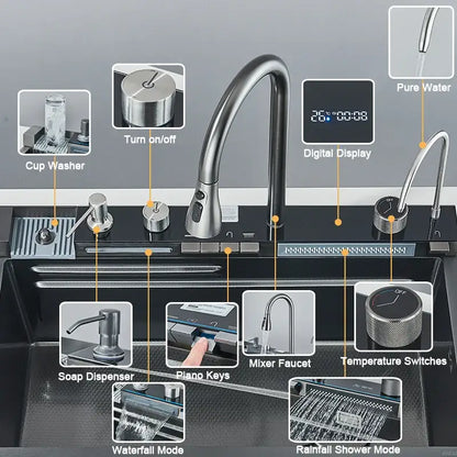 Modern black stainless steel waterfall kitchen sink with a sleek curved stainless steel faucet and digital display panel