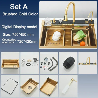 Modern black stainless steel waterfall kitchen sink with brushed gold digital display faucet and integrated drainer
