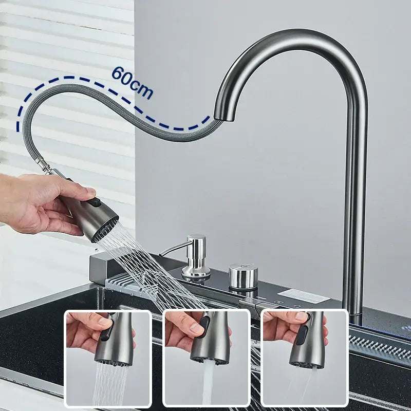 Modern black stainless steel waterfall kitchen sink with digital display and brushed stainless steel flexible gooseneck faucet