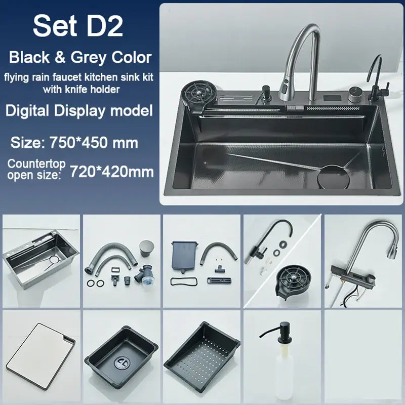 Modern black stainless steel waterfall kitchen sink set with digital display faucet knife holder and accessories