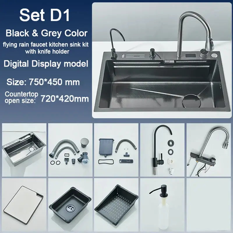 Modern black stainless steel waterfall kitchen sink with digital display faucet and integrated knife holder
