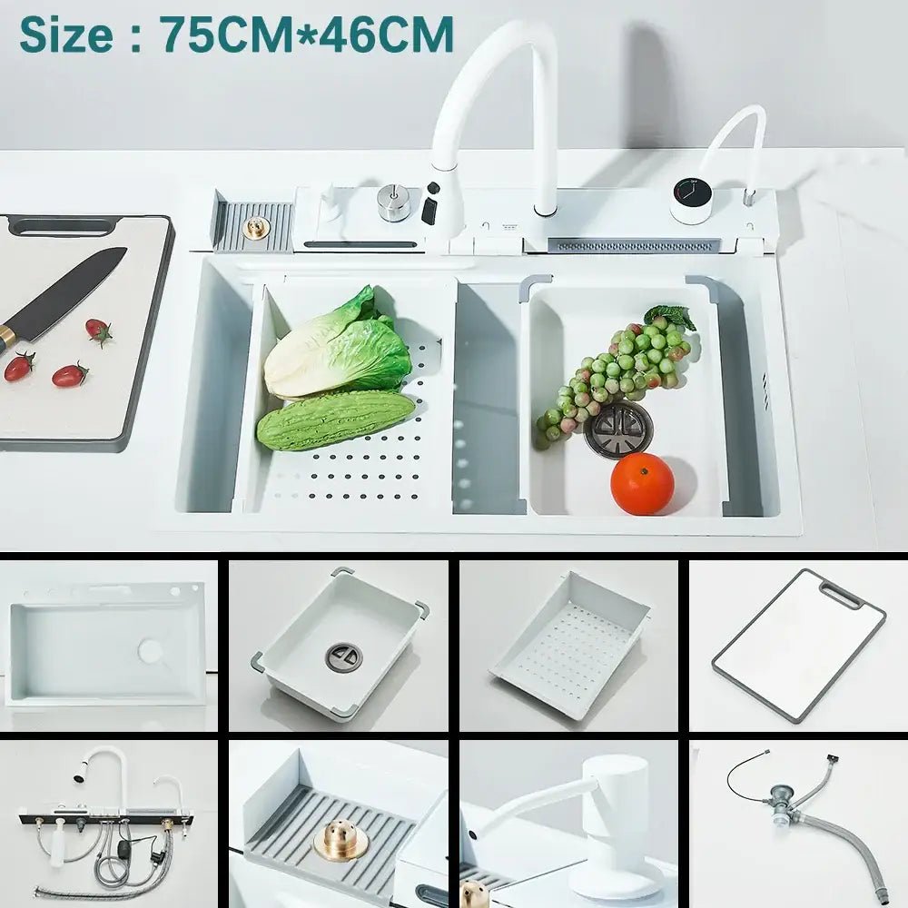 Modern black stainless steel waterfall sink for kitchen with display - Decorbites