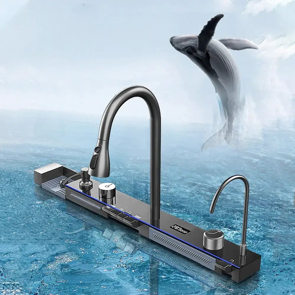 Modern black stainless steel waterfall sink for kitchen with display - Decorbites