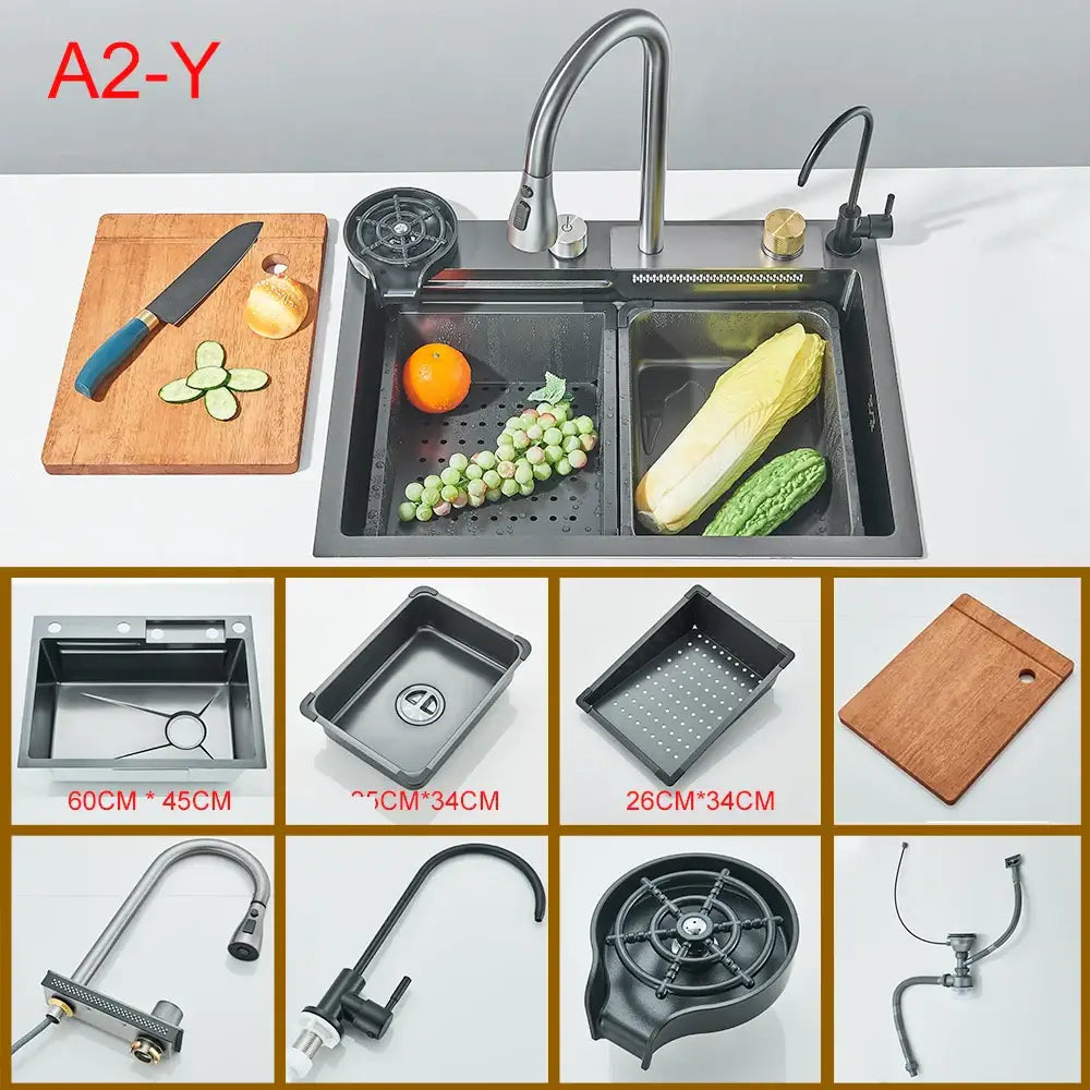 Modern black stainless steel double basin kitchen sink with faucet and integrated drainboard for functional use